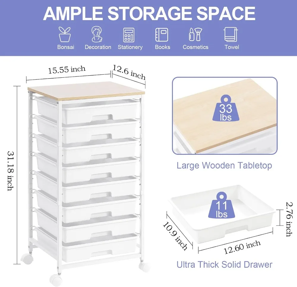 Rolling Storage Cart with 8 Drawers, White Wooden Top Utility Cart for Home Office, Metal Frame