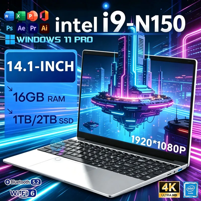 14.1 inch Gaming Laptop Computer N150 16GB RAM 1TB 2TB SSD PC Gamer Windows 11 Pro Laptops 1920*1080P Office Study Notebook PC