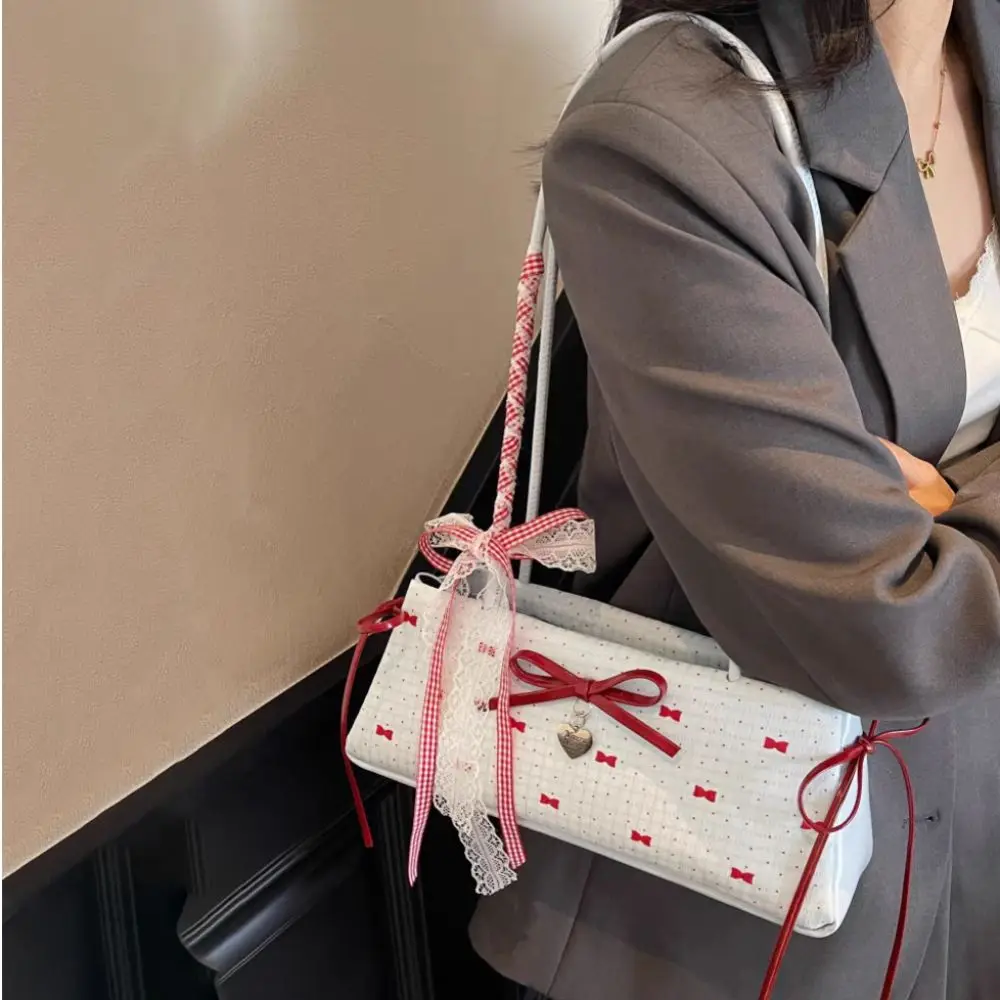 

Shopping Sweet French Stick Handbag Korean Style PU Leather Handle Bow Lace Shoulder Bag Ribbon High Quality Armpit Bag Travel