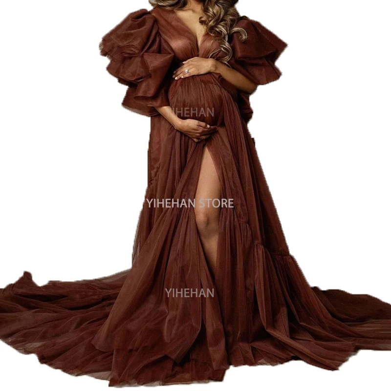 Customized Brown Maternity Dresses Photo Shoot Tulle Maternity Robe Pregnant Women Gowns Fluffy Ruffle Robe Formal Party Dress