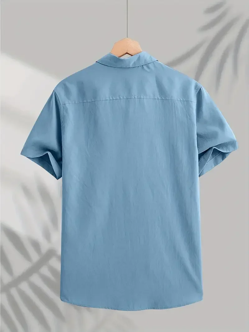 Camisa de negocios informal de verano para hombre, camisa de manga corta con cuello levantado, diseño de bolsillo en un solo pecho, camisa Formal de oficina de negocios