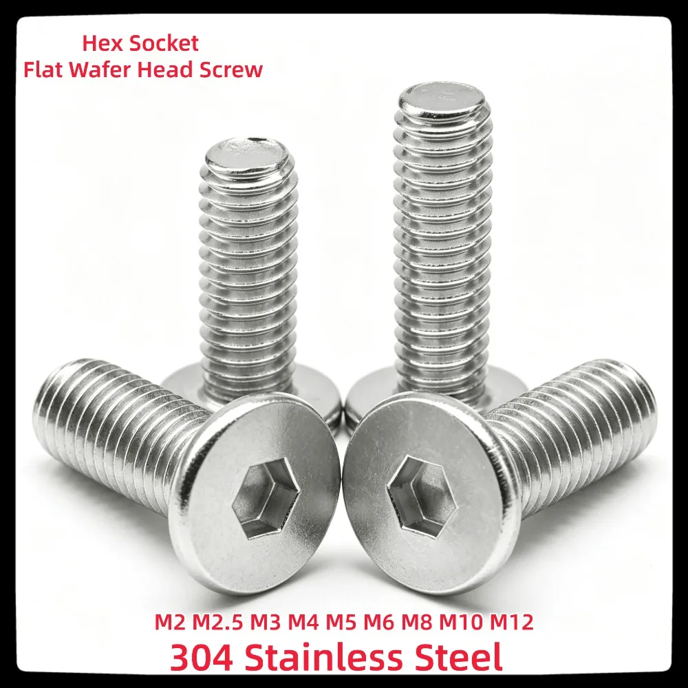 M2-M12 304 Stainless Steel Hex Socket Super Low Flat Wafer Head Bolts, 10-100Pcs Countersunk Screws for Machinery Assembly