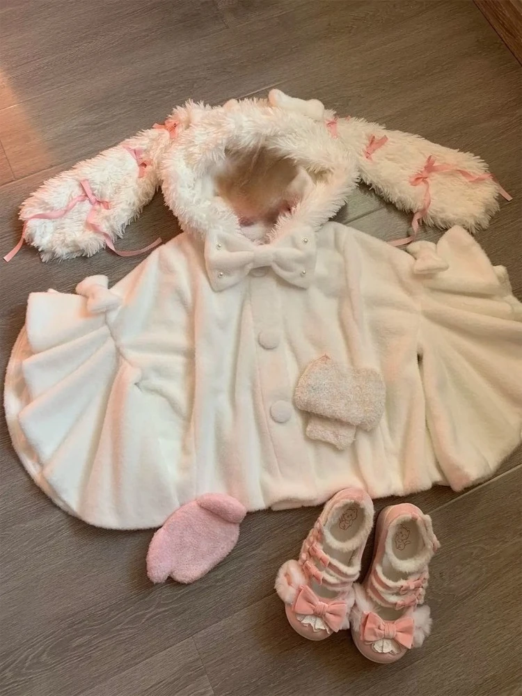 

Winter Japanese Lolita Sweet Women Cloak Coat Fluffy Cute Girlish Hooded Woolen Cape White New Design Lovely Warm Clothing 2025