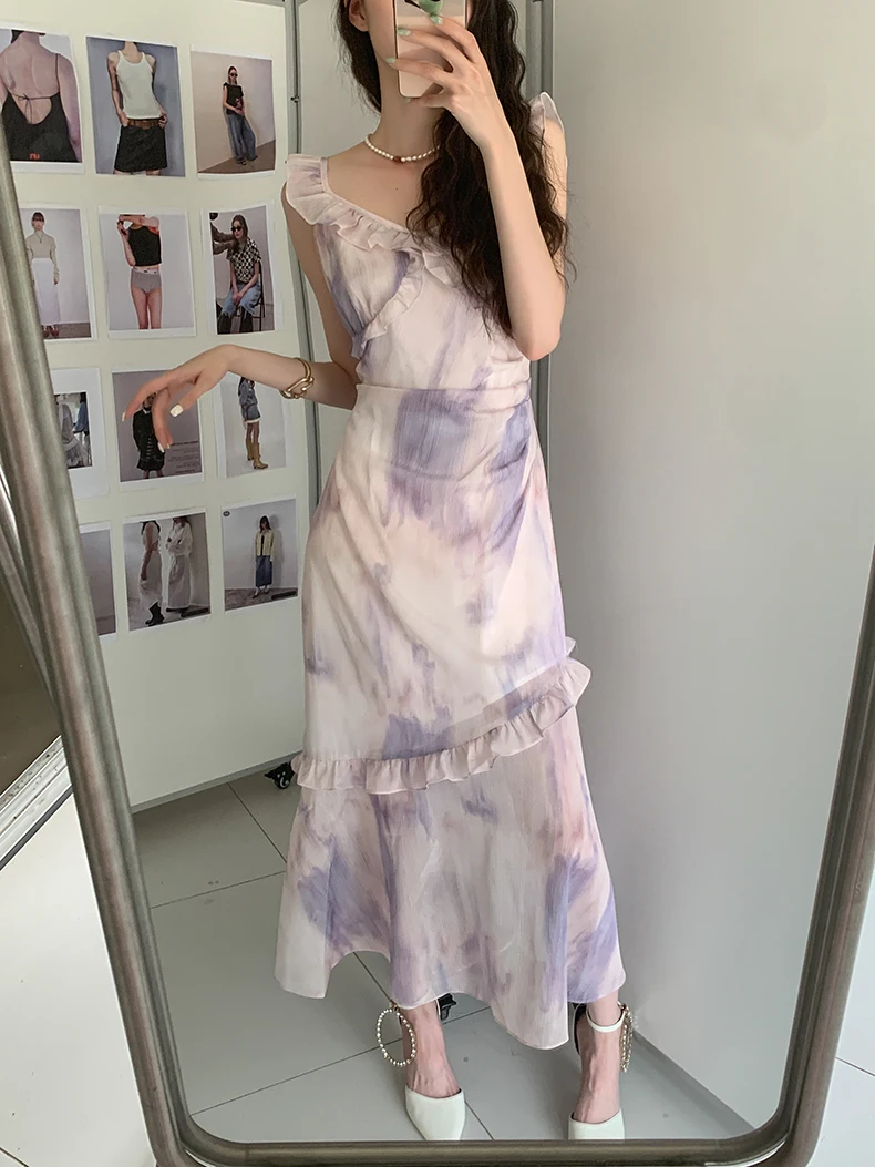 CHEERART Tie Dye Purple Ruffles Long Dress For Women 2023 Summer V Neck A Line Sleeveless Midi Dress Korean Fashion