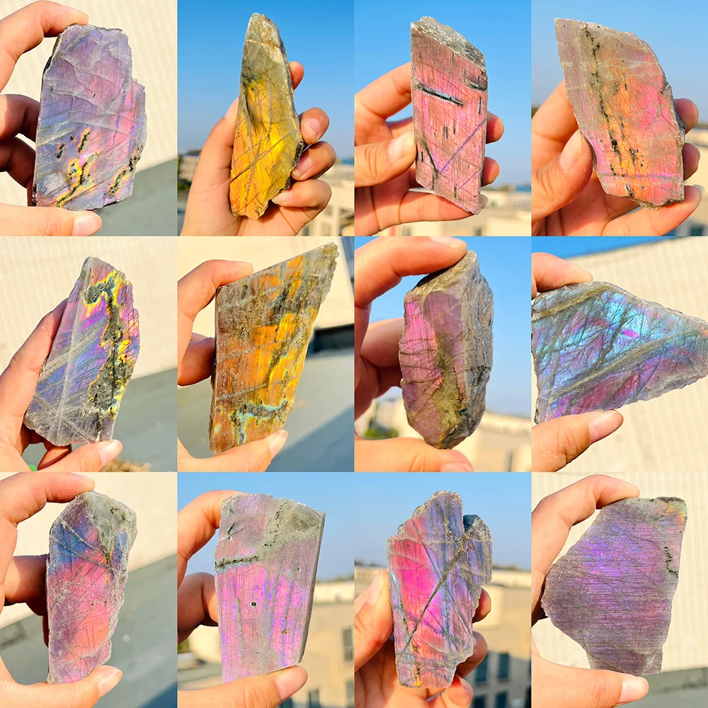 1 pieza de cristal Natural fuerte rosa, púrpura, dorado y azul, rebanada de labradorita, artesanías de rebanadas de piedras preciosas de roca cruda coloridas, para