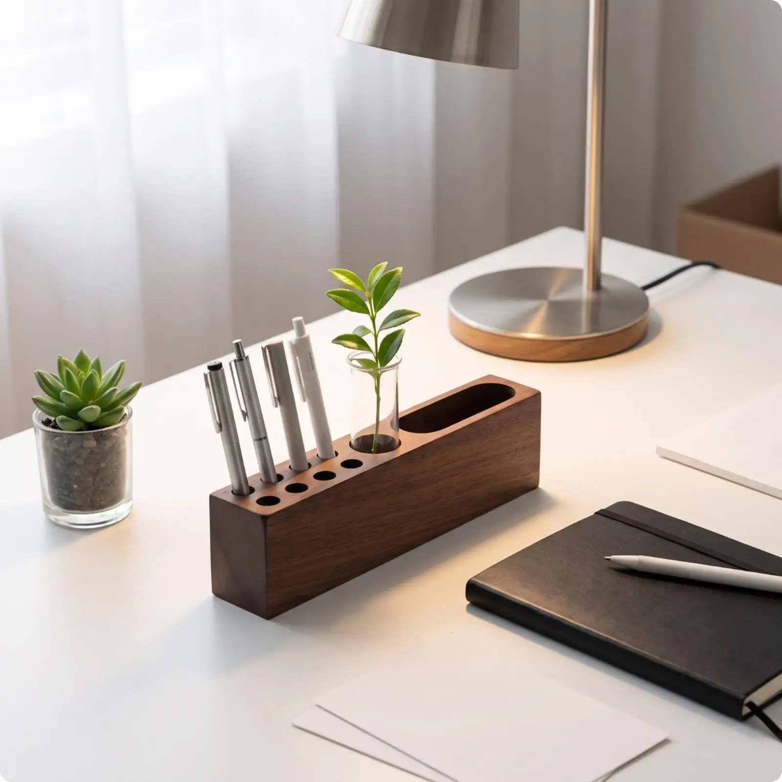 Walnut Wood Pencil Organizer for Desk with Long Oval Slot and Round Pen Holders Storage