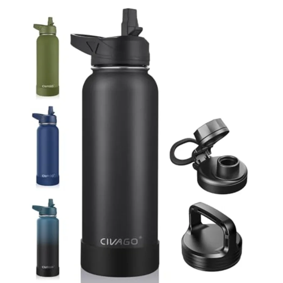 40 oz Insulated Water Bottle With Straw, Stainless Steel Sports Water Cup Flask with 3 Lids Straw, Spout and Handle Lid,Double