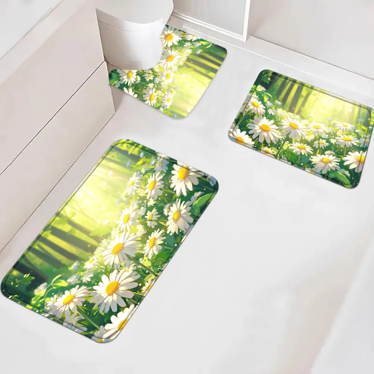 Daisy Floral Bath Mat Set Bathroom Rug Pair Spring Flower Print Home Decor Vanity Mats for Bathroom Accent