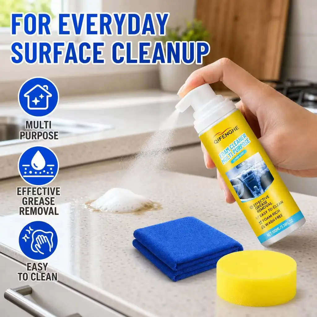 Multi Purpose Car Interior Foam Cleaner 100ml Lemon Scent Grease Stain Remover Wash Free With Towel Sponge