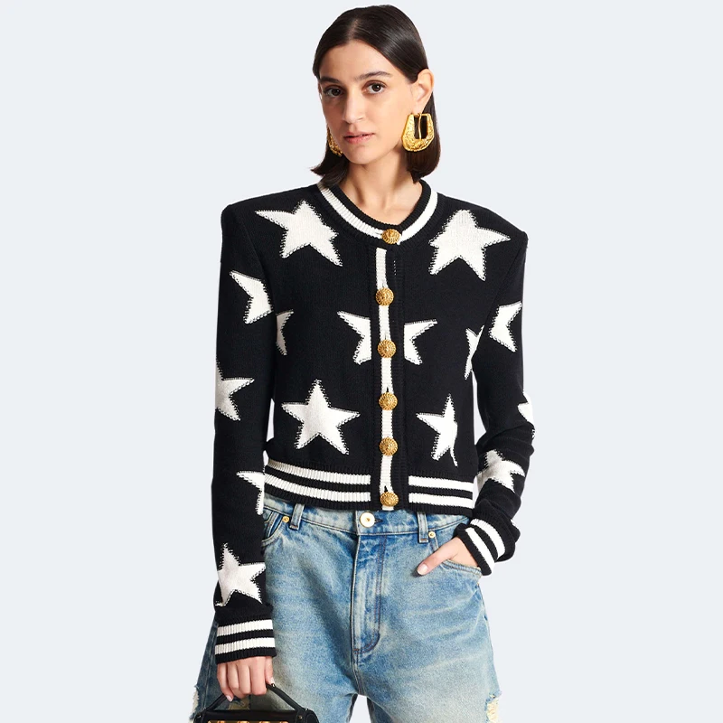 Star Jacquard Knit Cardigan Women Sweater Luxury Designer Iconic Lion Gold Button Femme Clothing Buckle Tops Autumn Winter Coat