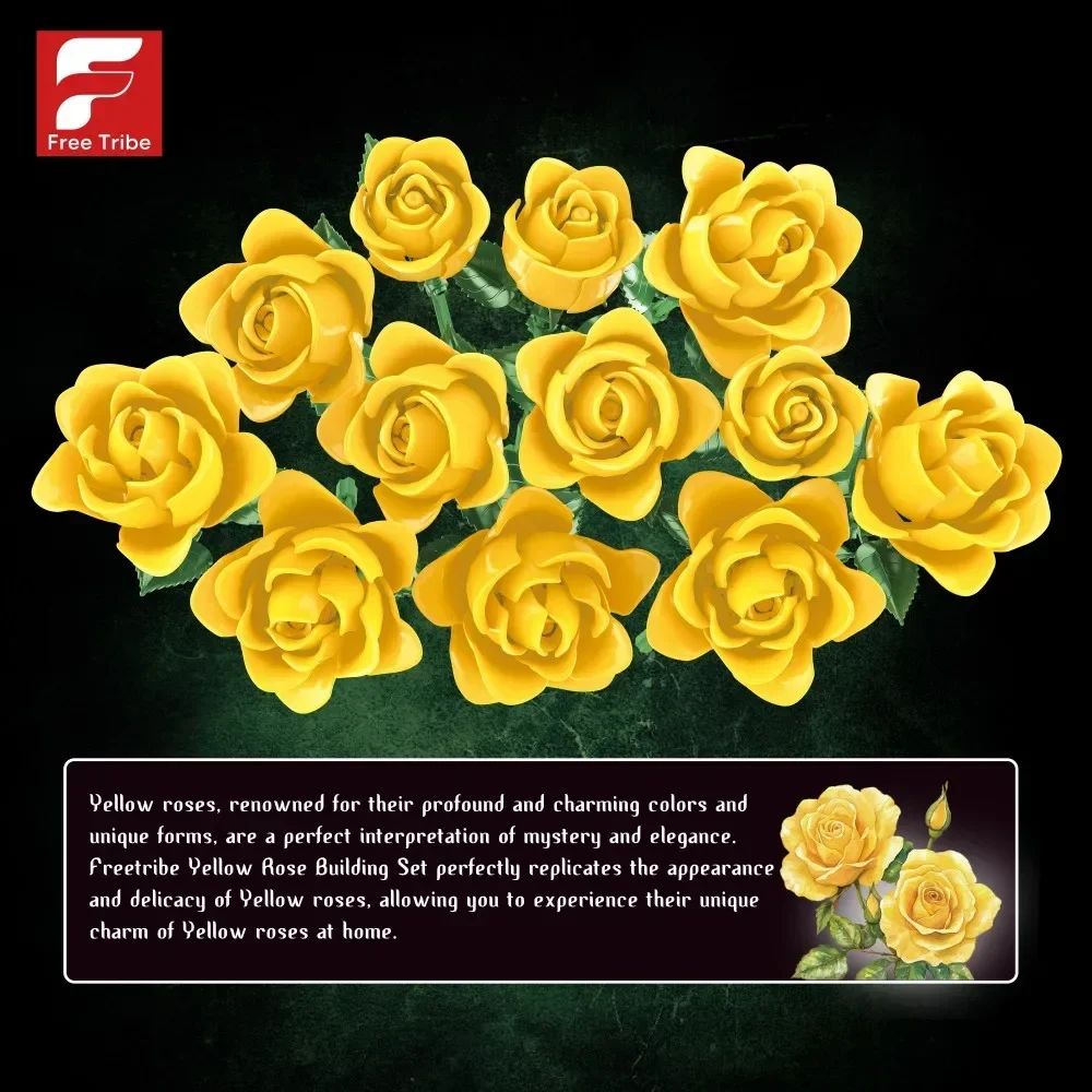 585PCS สีเหลือง Rose Building Blocks ดอกไม้ช่อดอกไม้อิฐเดสก์ท็อปตกแต่งผู้ใหญ่วันหยุดโรแมนติกของขวัญเด็ก DIY ของเล่น