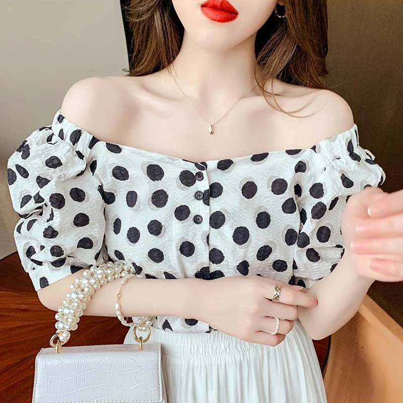 Women Trendy Polka Dot Printed Chiffon Blouses 2024 Summer Elegant Square Neck Short Sleeve Shirts Female Casual Sweet Chic Tops