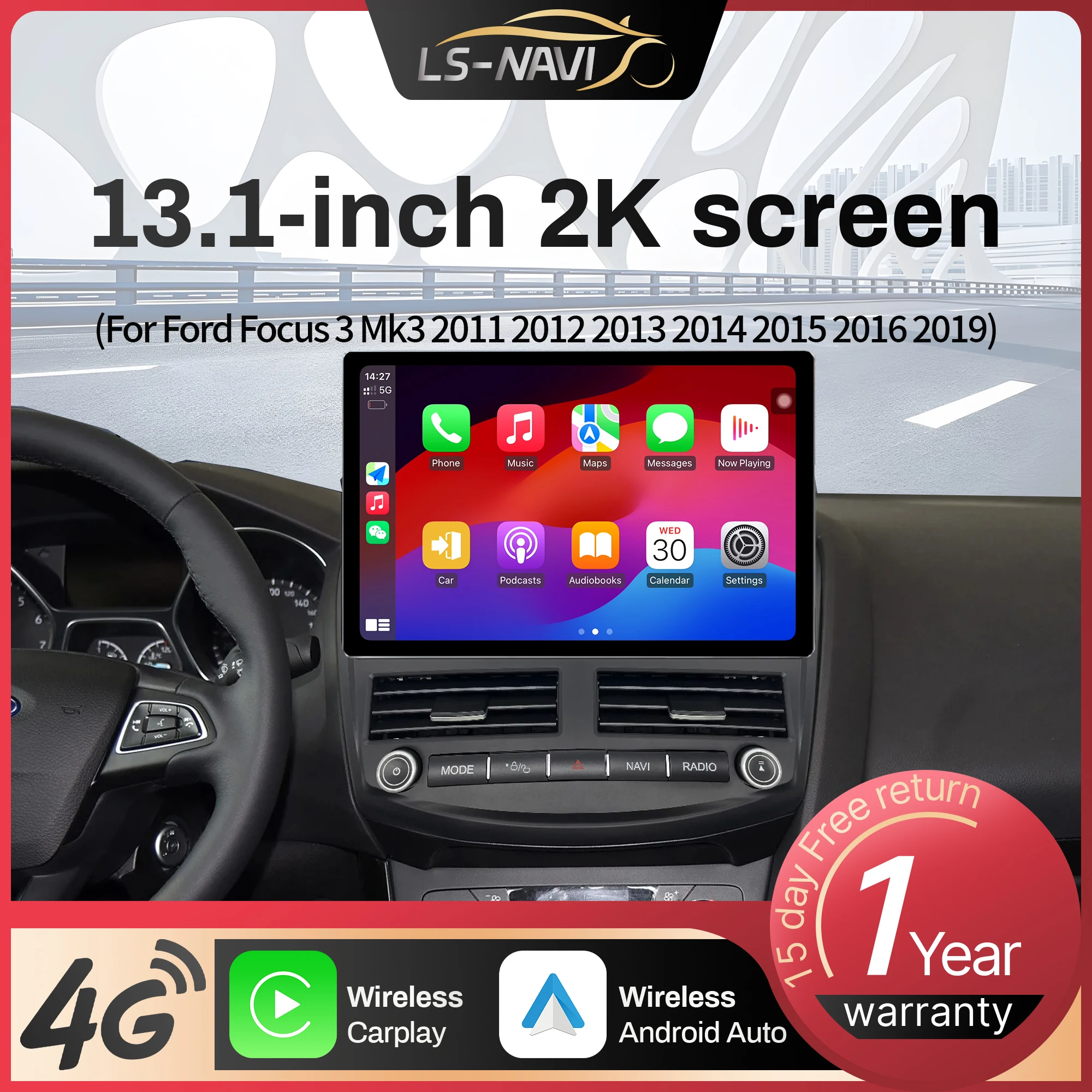 13.1” For Ford Focus 3 Mk3 2011 2012 2013 2014 2015 2016 2019 Car Radio WirelessCarplay GPS Multimedia Touch QLED Screen Stere