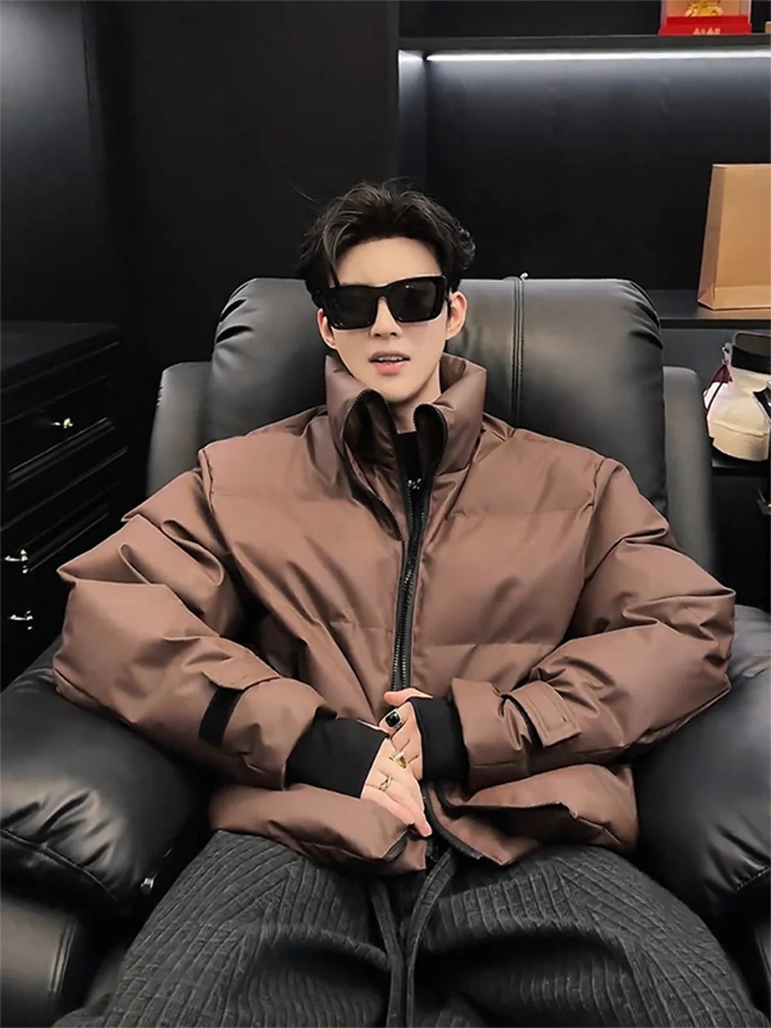 

High-End Caramel-Colored Stand Collar Men's Cotton Jaet Winter Faion Loose ort Sle Casual Warm Thiened Polyester