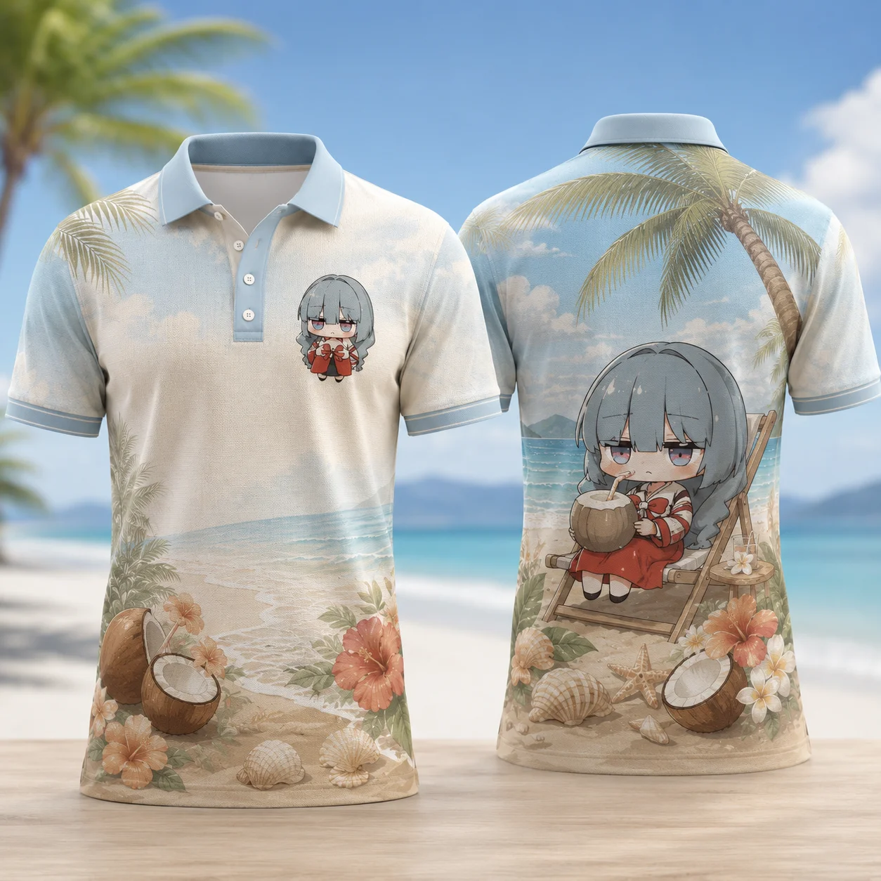 Phrolova Chibi Anime Coconut Beach Polo Shirt Kawaii Manga Girl 3D Print Quick Dry Breathable Tropical Summer Vacation Top