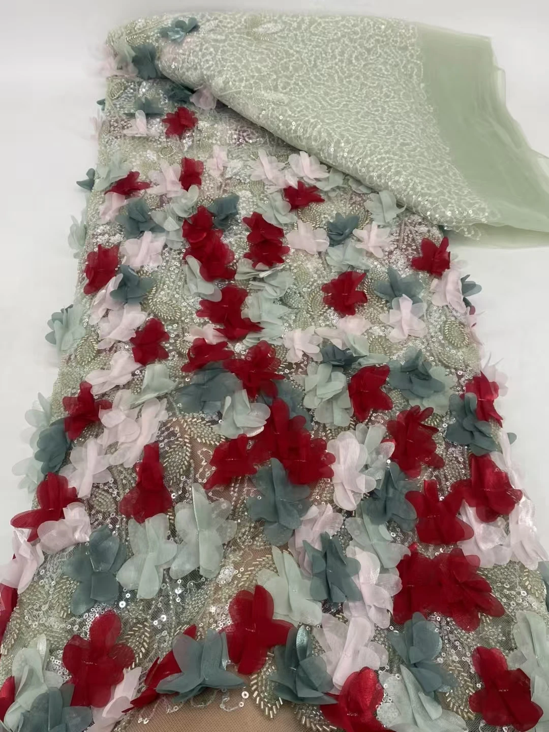 

African French Beaded Lace Fabric 2025 High Quality Lace Embroidered Nigerian 3D Flower Tulle Lace 5 Yards For Sew Party Dress