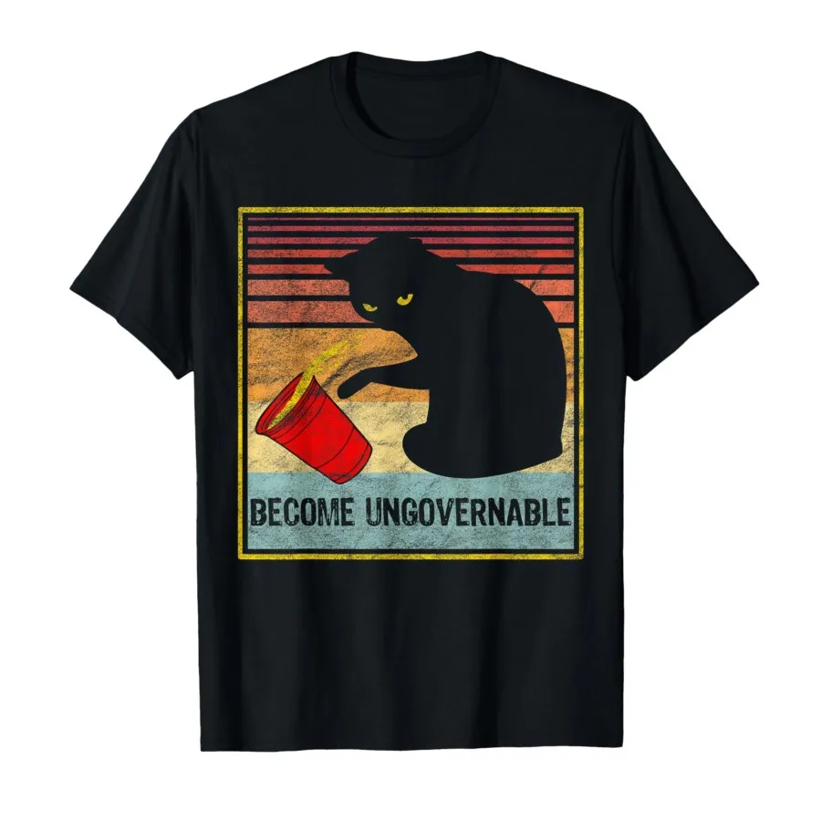 

Rebellious Cat Tipping Cup Become Ungovernable black cat T-shirt Men Women 100% Cotton T Shirts Short Sleeve Tops 0804-1