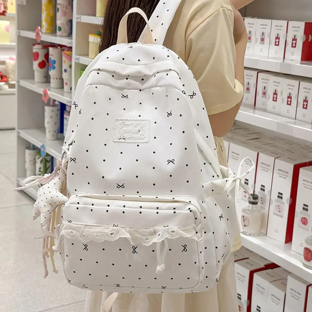 Large Capacity Campus Backpack Polka Dot Bowknot Commute Backpack Preppy Style Design Soft Nylon Material Nylon Knapsack