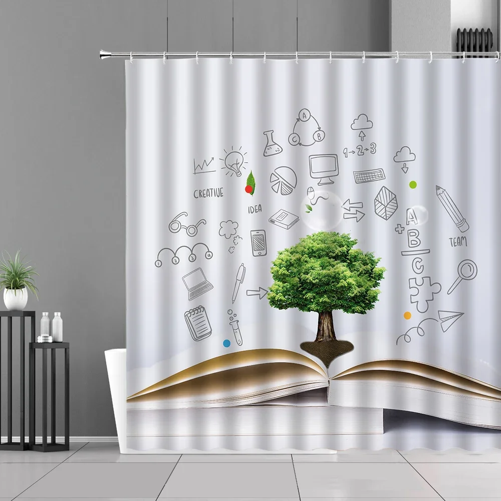 Old Wooden Bookshelf Shower Curtains, Magic Book Design, Bath Curtain, Study Room, Temple Decoration, Bathroom Decor Screens