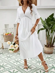 Women's Dress Lace V-Neck Hollow Button Long Short Sleeve Pure White Summer Flared Sleeve Dresses