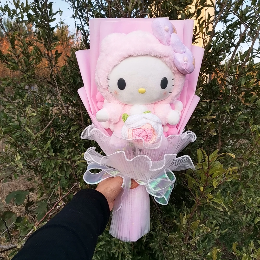 

Плюшевая кукла Kuromi Hello Kitty Sanrio, шерстяной Плетеный букет розы ручной работы, плюшевые игрушки, подарки на день Святого Валентина и Рождество