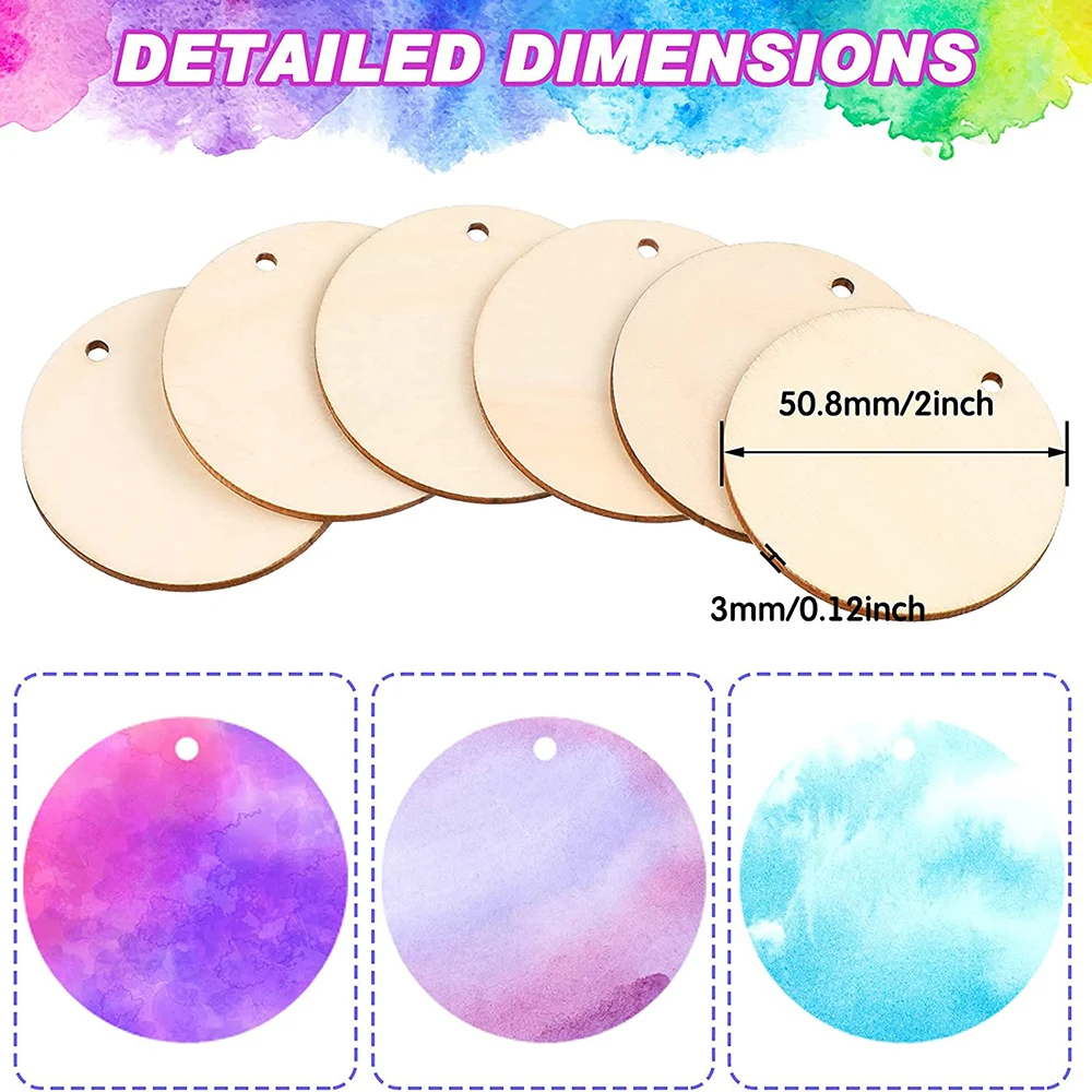 50pcs Unfinished Round Wooden Circles with Holes Round Wood Discs for DIY Crafts Party Birthday Christmas Decoration