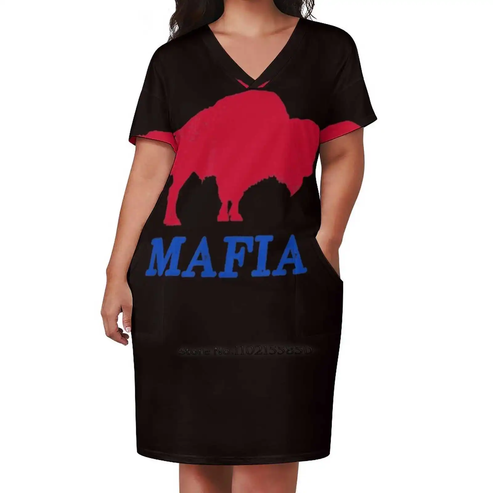 Dự Luật Mafia 716 Buffalo New York Bflo Wny Xanh Đỏ Áo Rời Bỏ Túi Áo In Hình Nữ Tay Ngắn Áo Cổ Chữ V đầm 5Xl Hóa Đơn