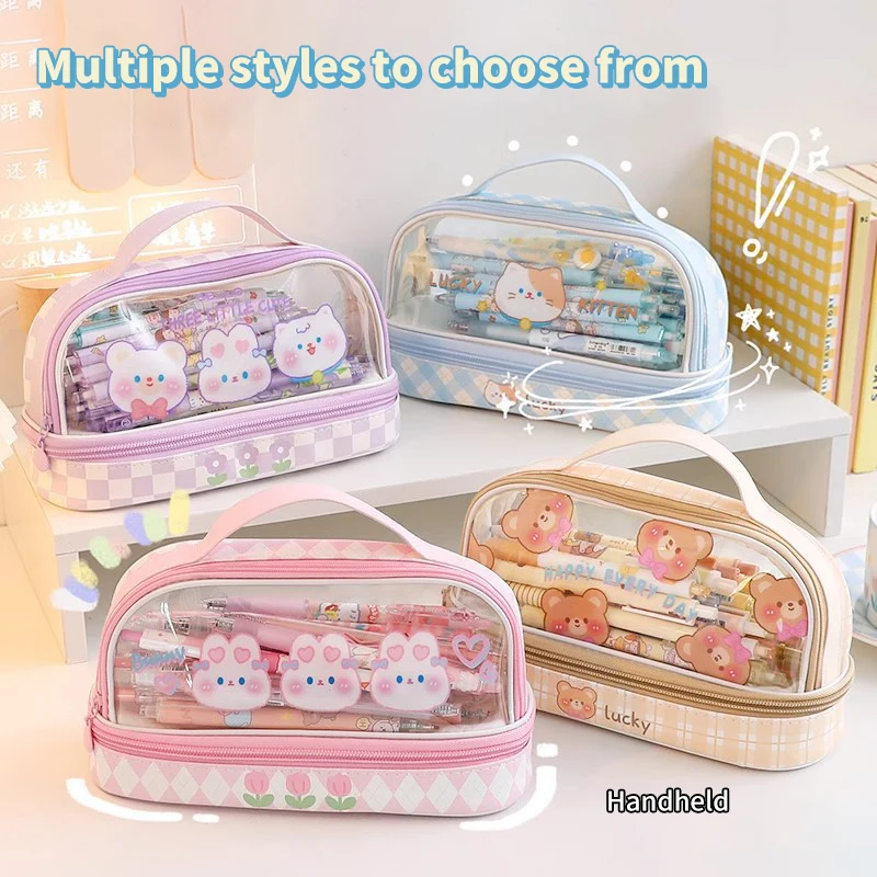 Cute Cartoon Large-capacity Transparent Double-layer Pen Case Dirt-resistant High-color Stationery Storage Pen Bag