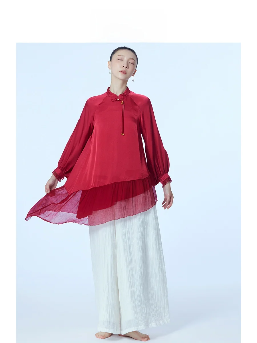 

Ele Silk irt Women's Faionable New Year Sle Stand Collar Button Decoration True Silk Top for Middle-aged Women