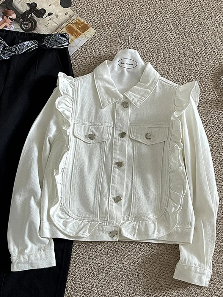 Women Autumn Korean Style Casual Cowboy Outerwear Slimming Fashion White Ruffles Long Sleeve Short Denim Jacket