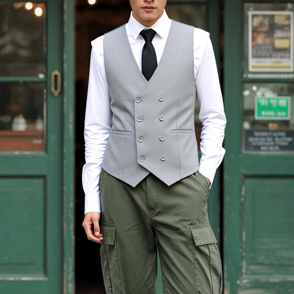 

V Neck Men's Suits Vest Double Breasted Waistcoat Polyester Fiber Business Vest Groomman For Wedding Vest