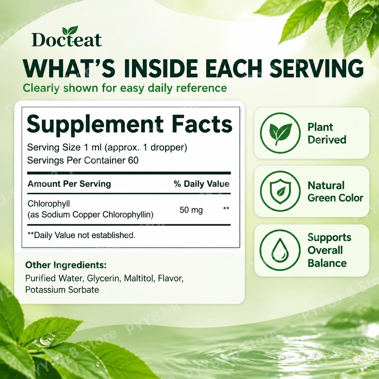 Docteat Liquid Chlorophyll Dropper with Sodium Copper Chlorophyllin 50mg for Internal Freshness & Body Odor Balance, 60 Servings
