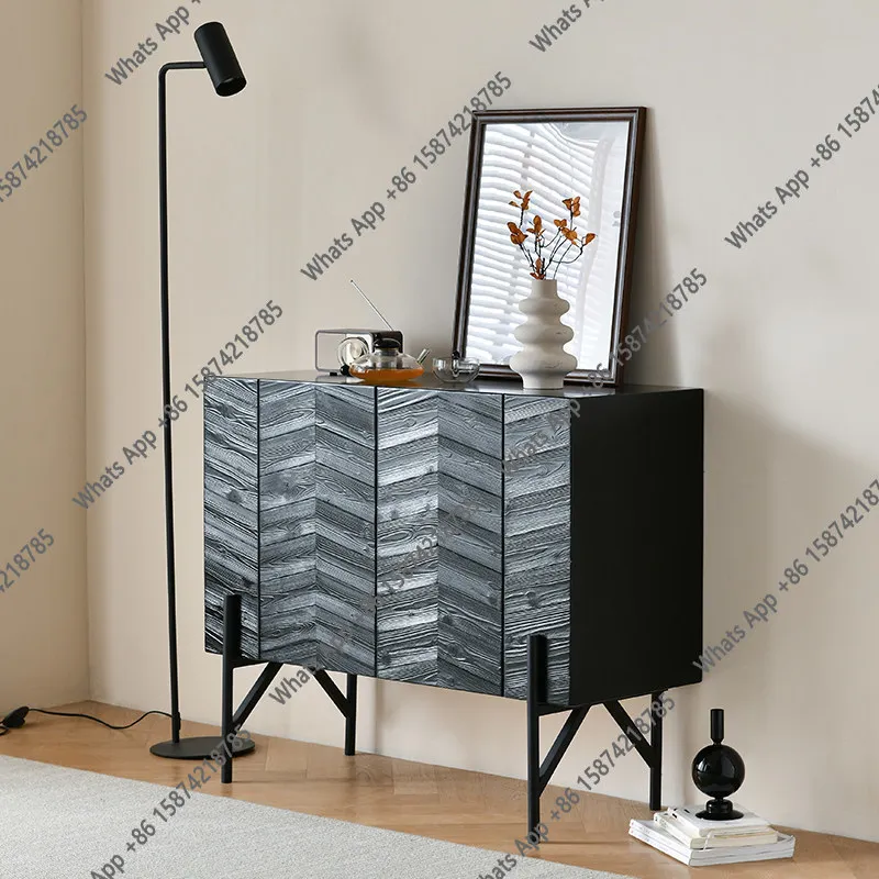 B Wabi-**** Black Side Cabinet French Retro Fish Bone Pattern Locker Nordic Modern Home Entrance Cabinet Side Cabinet