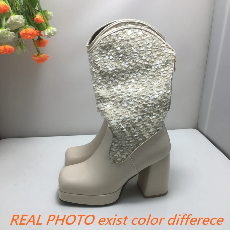 

ORCHA LISA 2026 Новые модные новые модные женские ботинки до середины икры с квадратным носком, блестящая платформа на массивном каблуке 9 см, большие размеры 45-47, пикантные