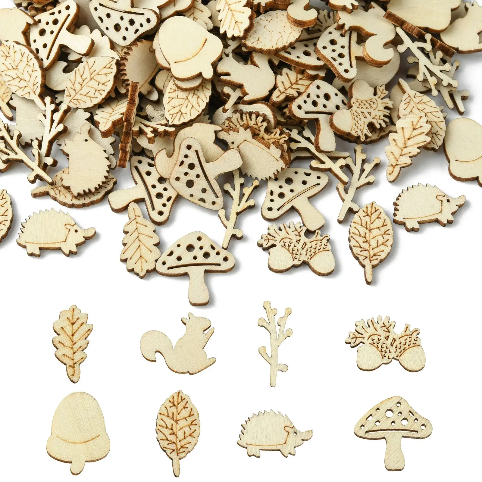 200Pcs Random Forest Animal Unfinished Wooden Cutouts Squirrel Hedgehog Leaf Mushroom Wood Slices for DIY Crafts Art Decor