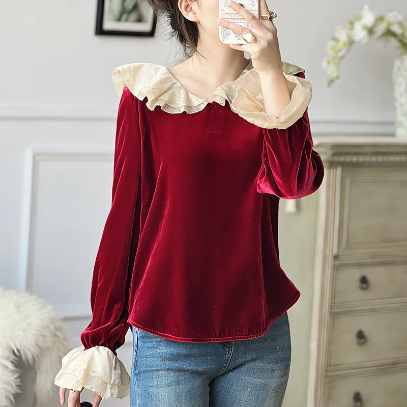 

Vintage Blouses Elegant Shirts For Women Peter pan Collar Long Flare Sleeve Women's Vintage Shirt Real Silk Velvet Blouse Tops