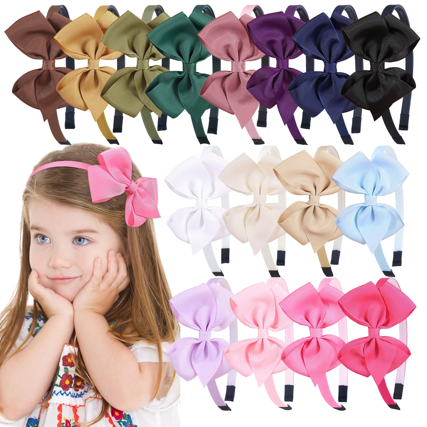 4pcs Cute Solid Color Grosgrain Ribbon Hair Bows Headbands for Girls Plastic Teeth Hairbands Children Kids Hair Accessories