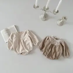 2024 Winter Warm Comfy Lace Spliced Babies Girls Jumpsuit  Baby Newborn Things Solid Color Simple Thick Toddler Children Clothes