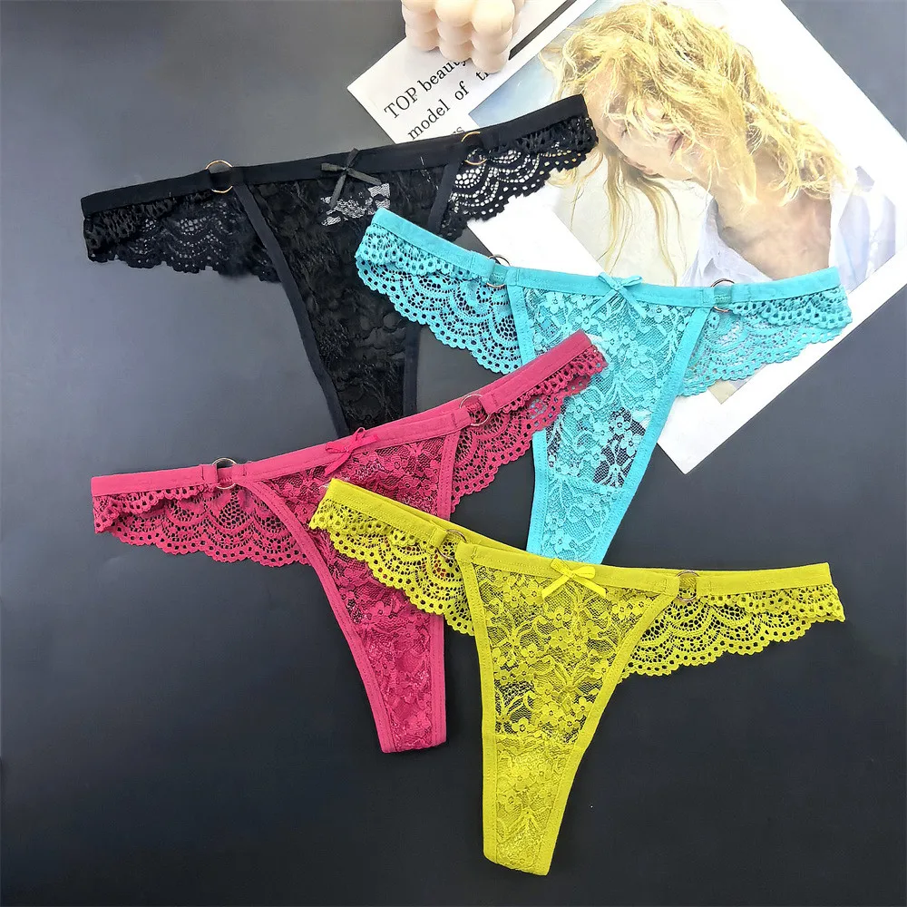 4 Uds. Tanga Sexy de encaje para mujer, bragas de tiro bajo, Lolita para niñas, cordón transparente, perspectiva de talla grande, lencería caliente