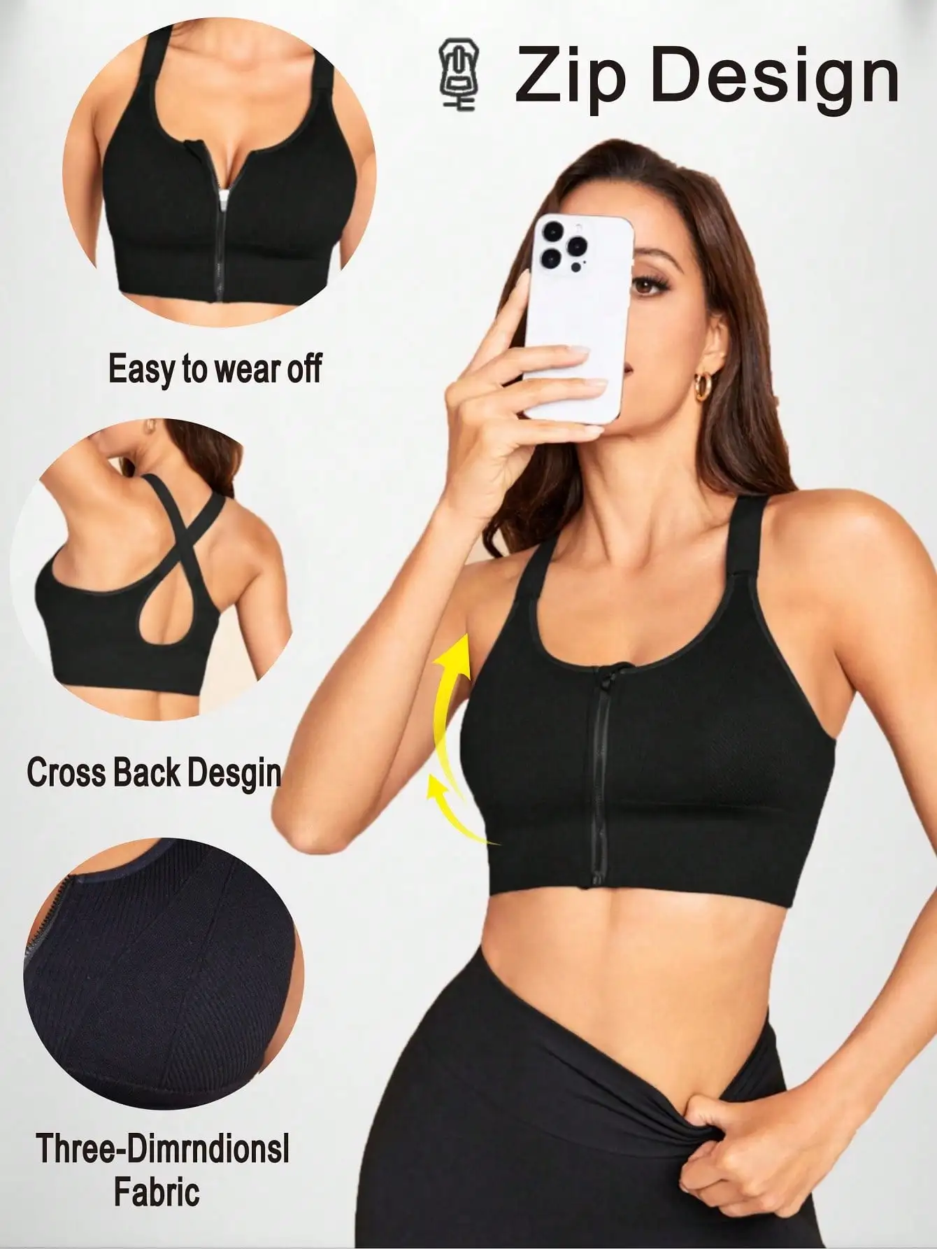 

Women Front Zipper Sports Bra Ribbed Knit Adjustable Wide Strap Padded Yoga Top High Impact Workout Running Fitness Crop Bra