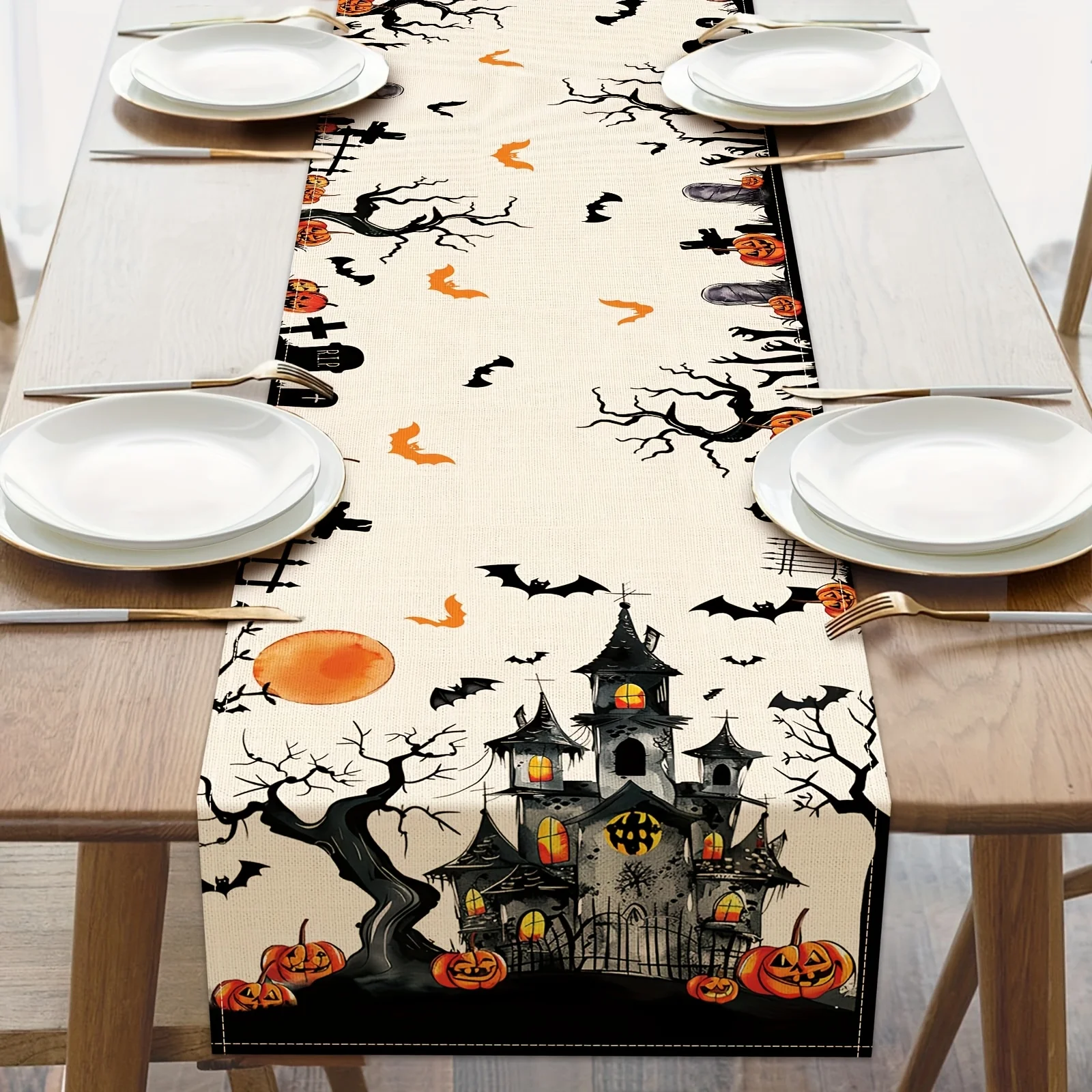 1Pc Halloween Themed Table Runner with Bat, Pumpkin and Haunted House Pattern, Suitable for Party, Restaurant, Home, Market, Holiday Decoration Scene.
