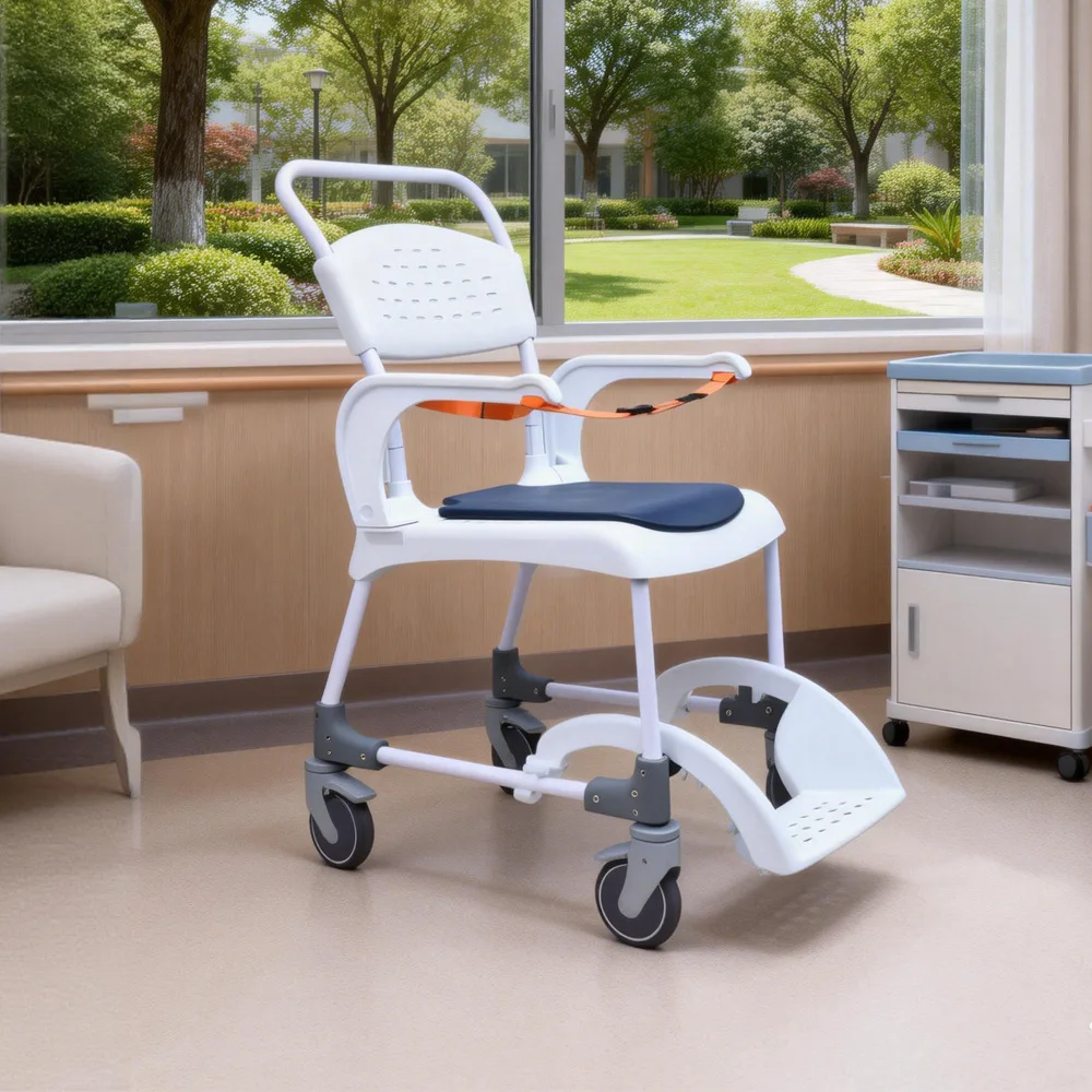 Multifunctional Shower Toilet Chair, Foldable Wheelchair with Footrest, Liftable Armrests, Elderly Care Bathroom Aid, 4 Wheels