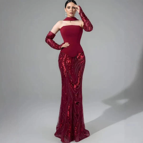 

Customized Exquisite Sequined A-line Strapless Long Dresses Bespoke Occasion Dresses Modern Style Matching Sparkle High quality