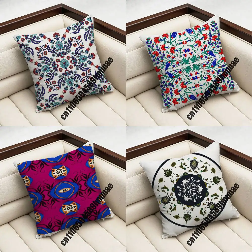 For Turkish Watercolor Painting Iznik Tile Floral Prints Throw Pillow Case Sham 45cm Square Car Pillowcase Pad Cushion Cover