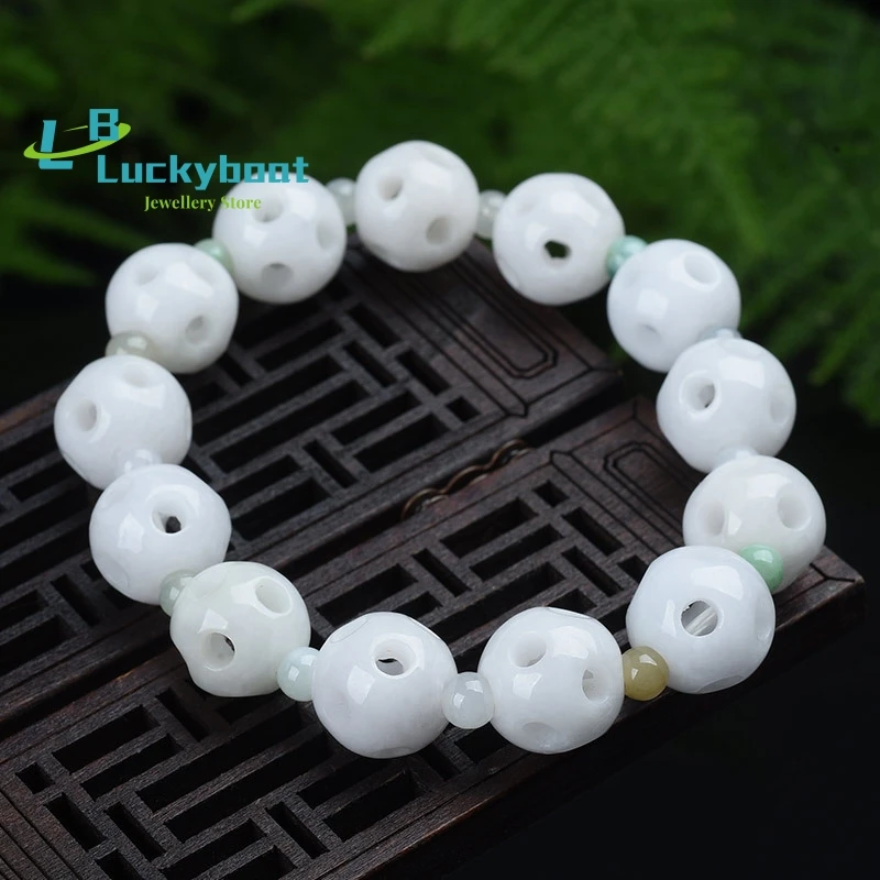 Natural Myanmar Jadeite Handcarved Hollow Out Beads Bracelets Beads For Couples Women Men Beads Bracelet With Jade Bracelet