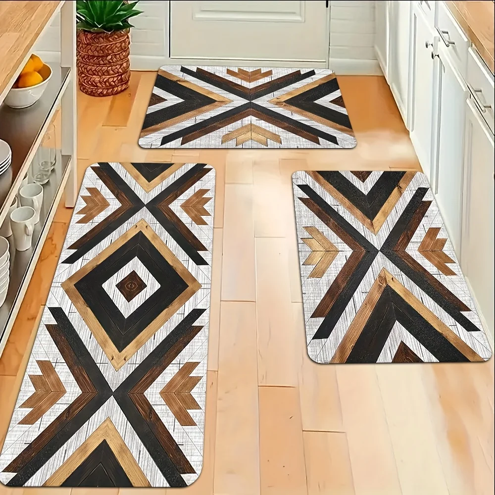 Bohemian-style decorative floor mats with an irregular geometric pattern mimicking wood grain, for bedrooms and bathrooms