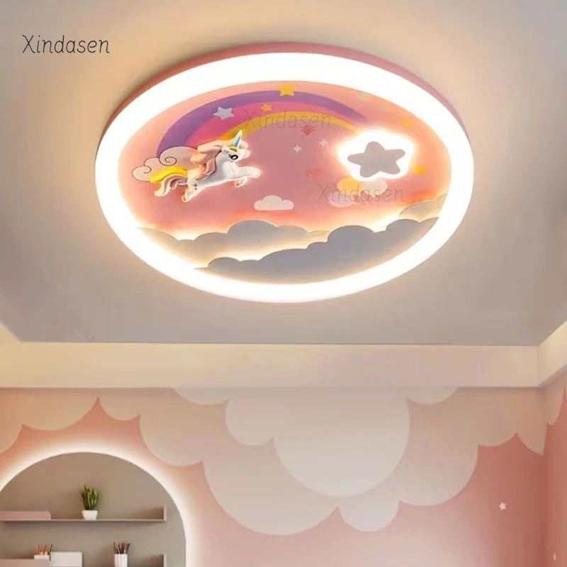 Kawaii Pink Unicorn Ceiling Light Kids Room Baby Pincess Girl Bedroom Chandelier Ceiling Decor Colourful Star Rainbow Cloud Lamp