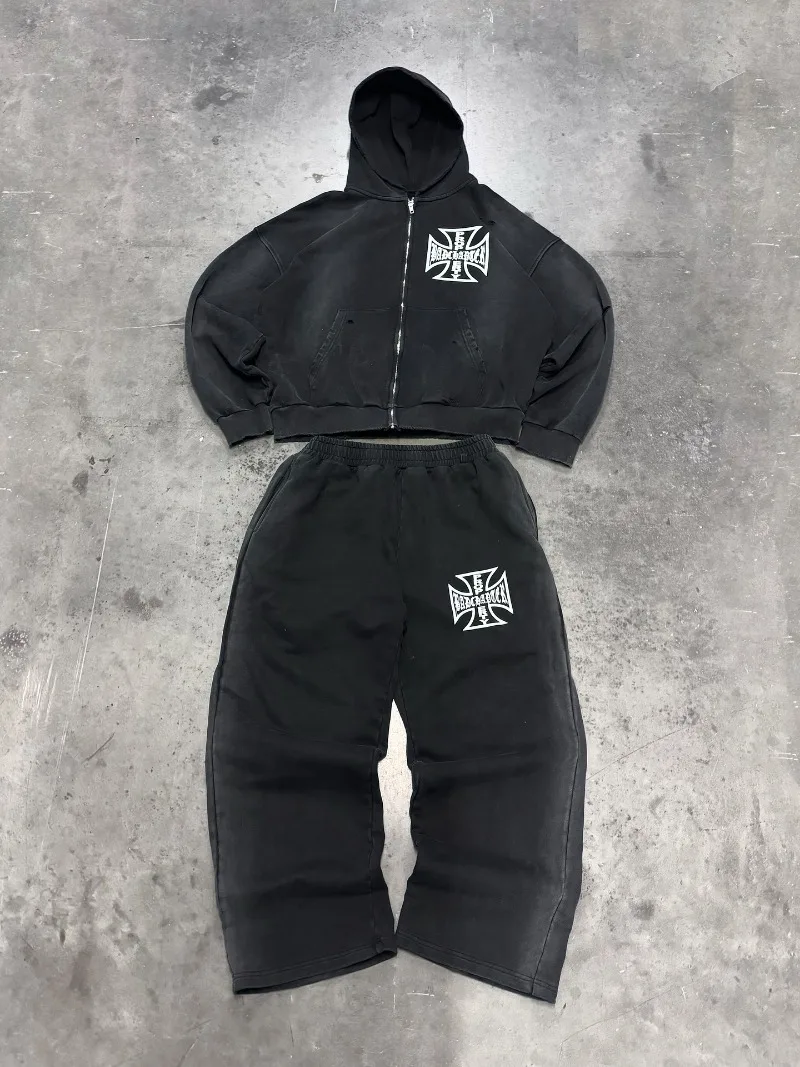 Y2k American Letter Cross Logo Set Man Clothing Streetwear Harajuku Gothic Women Retro Hoodies Couple Sweatshirts Sweatpants