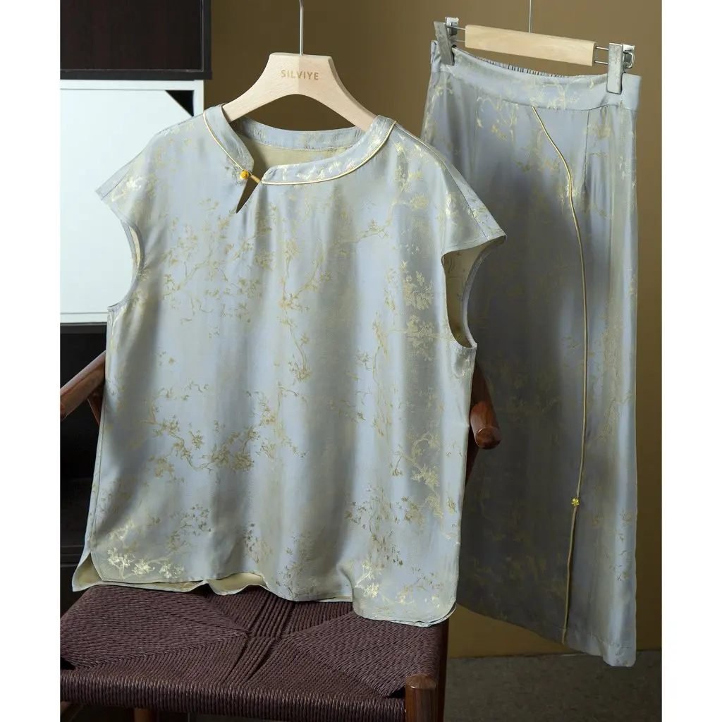 

Chinoiserie Women's Suit Gray And Blue Jacquard Silk National Style Elegant Vest with Elastic Waist Skirt for Summer