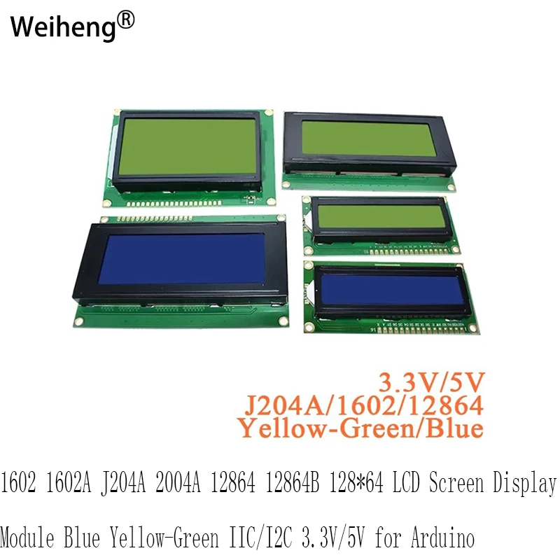 10Pcs 1602 1602A J204A 2004A 12864 12864B 12864 LCD Screen Display Module Blue Yellow-Green IICI2C 3.3V5V for Arduino